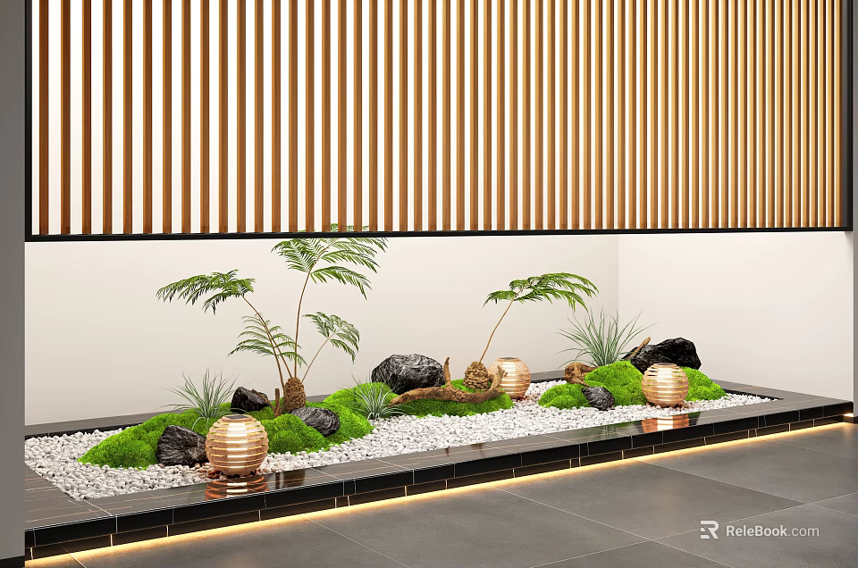 Modern Indoor Landscape With Green Plants Stone Moss Copper Planters And Wooden Striped Wall 3d model 