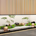 Modern Indoor Landscape With Green Plants Stone Moss Copper Planters And Wooden Striped Wall