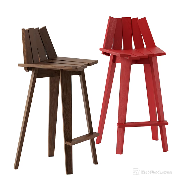 Wooden Bar Stools with Dark and Red Finish Modern Backrest and Sturdy Legs Design 3d model 