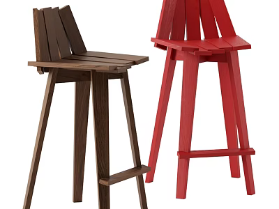 Wooden Bar Stools with Dark and Red Finish Modern Backrest and Sturdy Legs Design 3d model