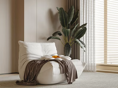 White Lazy Sofa with Brown Blanket Oranges Beside Large Green Plant Light Wall Window Blinds 3d model