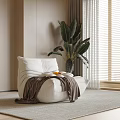 White Lazy Sofa with Brown Blanket Oranges Beside Large Green Plant Light Wall Window Blinds