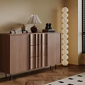 Wooden Console Table Sideboard with Table Lamp Decorative Items Beige Wall and Floor Lamp 3d model