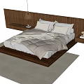 Double Bed With Wooden Headboard Light Colored Sheets Bedside Tables Hanging Lamp And Light Rug