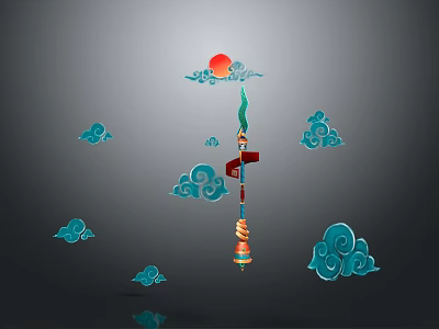 Long Handled Decorative Weapon With Green Flame Design Red Flag Blue Clouds And Red Sun 3d model