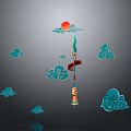 Long Handled Decorative Weapon With Green Flame Design Red Flag Blue Clouds And Red Sun