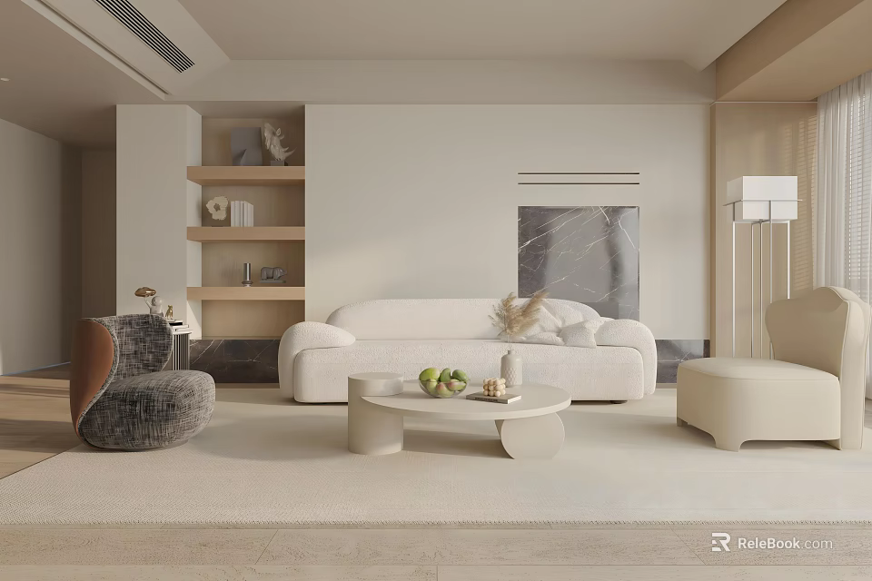 Modern Minimalist Living Room Interior With White Sofa And Round Coffee Table 3d model 