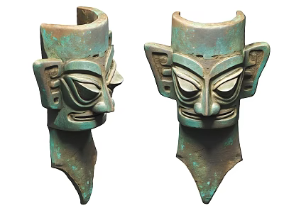 Ancient Bronze Mask Sculptures With Intricate Carving And Traditional Design Features 3d model