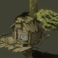 Rustic Wooden Treehouse With Small Window Leafy Branches And Wooden Platform 3d model