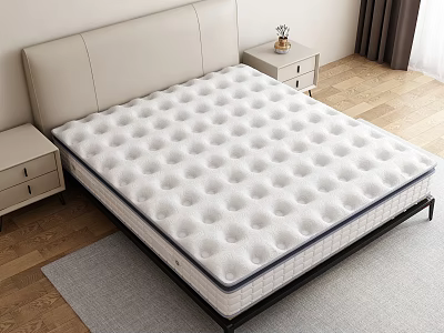 White Plush Mattress On Bed Frame With Bedside Tables Wooden Floor And Curtains 3d model