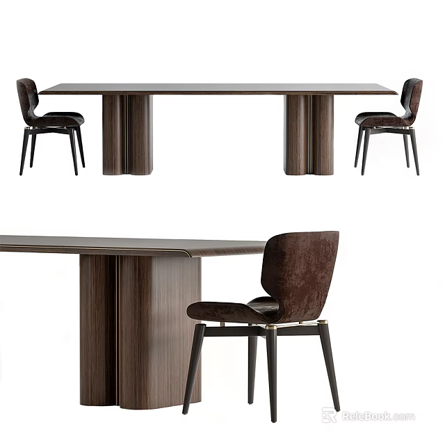 Modern Wooden Dining Table Set With Rectangular Top And Leather Chairs 3d model