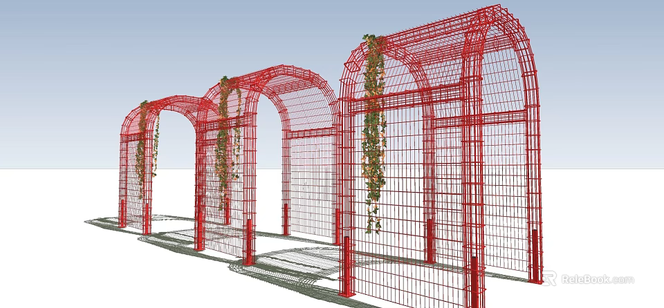 Red Arched Latticed Pergola Structure With Climbing Vines And Garden Design 3d model 
