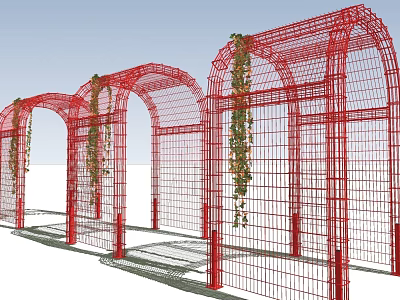 Red Arched Latticed Pergola Structure With Climbing Vines And Garden Design 3d model