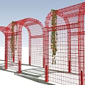 Red Arched Latticed Pergola Structure With Climbing Vines And Garden Design