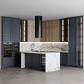 Dark Blue And Beige Kitchen Interior With Marble Island Countertop And Wine Storage Cabinets