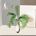 Lush Green Palm Potted Plant In Woven Texture Pot With Wooden Wall And Hanging Lamp