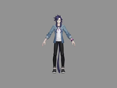 Purple Haired Game Movie Character Wearing Blue Denim Jacket White Shirt And Black Pants 3d model
