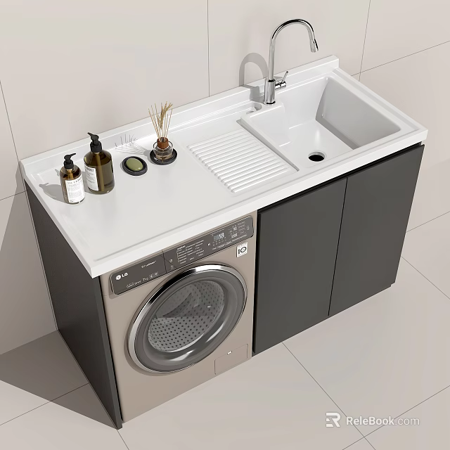 Modern Bathroom Vanity Cabinet With White Countertop Sink Toiletries Washing Machine And Black Cabinets 3d model 