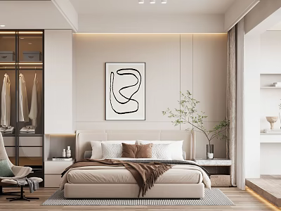 Modern Minimalist Bedroom Interior With Beige Bed Pillows Blanket Abstract Painting Wardrobe And Green Plant 3d model