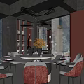 Elegant Modern Restaurant Interior With Unique Chandelier Round Table Red Chairs And Decorative Flowers