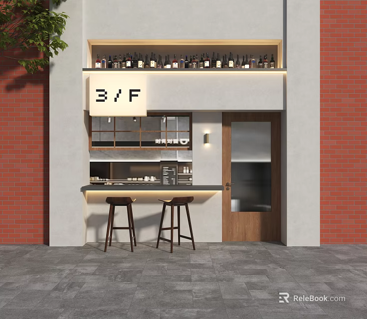 Stylish Café Exterior Red Brick Wall B F Signboard Bar Stools Wooden Door Glass Cabinet 3d model 