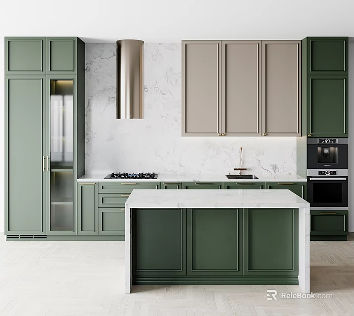 Modern Kitchen Interior With Green Cabinets White Marble Island And Appliances 3d model 