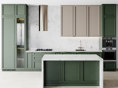 Modern Kitchen Interior With Green Cabinets White Marble Island And Appliances 3d model