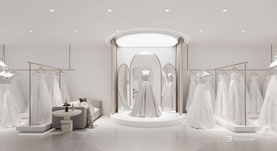 Wedding Dress Shop Interior With Elegant Gown Displays Mirrors And Showcase Area 3d model 