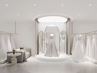 Wedding Dress Shop Interior With Elegant Gown Displays Mirrors And Showcase Area 3d model