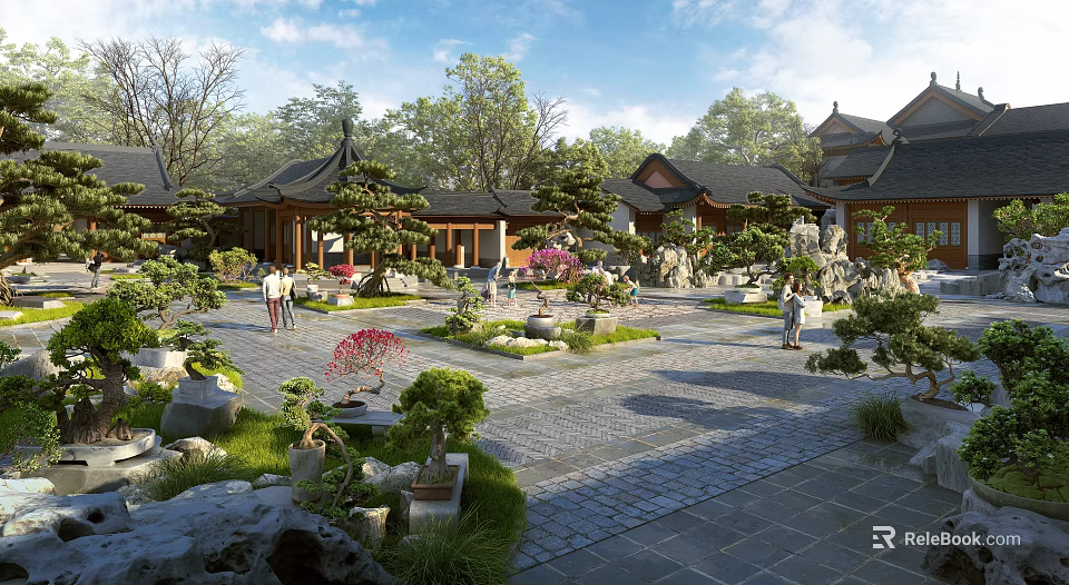 Classical Ancient Architecture Courtyard with Stone Paths Rock Formations and Green Trees 3d model 