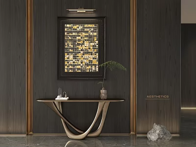 Modern Abstract Painting On Dark Wooden Wall With Gold Frame Console Table And Green Plant 3d model