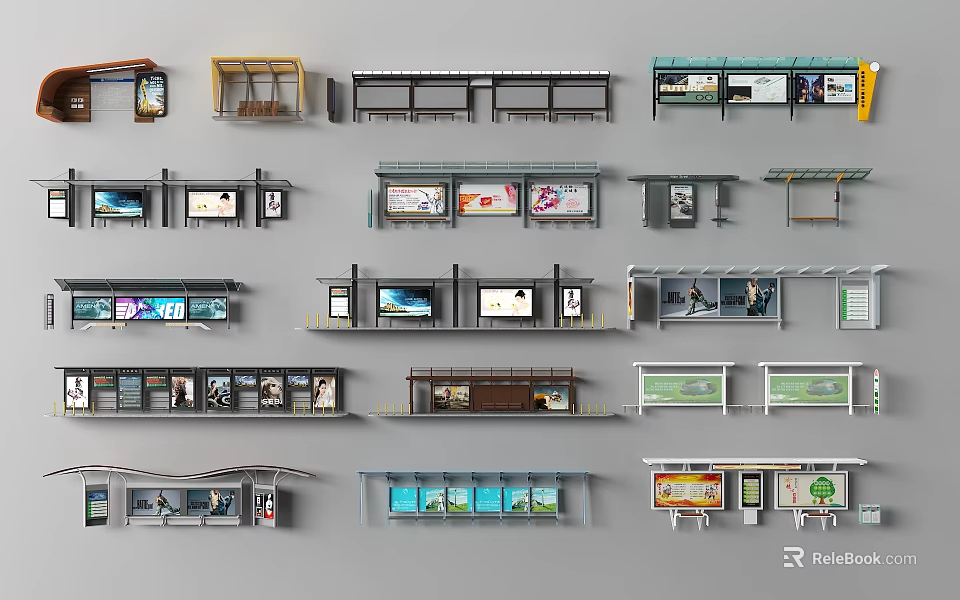 Various Bus Station Designs Featuring Shelters Seating And Advertising Panels 3d model 