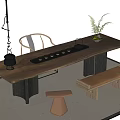 Natural Wooden Tea Table and Chairs with Bench Stool Tea Set and Plant 3d model