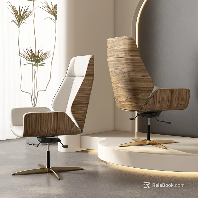 Modern Ergonomic Office Chair With Wooden White Frame Swivel Metal Base Design 3d model 