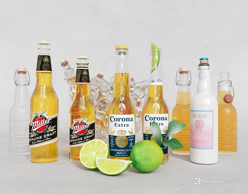 Assorted Beer Bottles Including Corona Miller With Fresh Lime Slices And Whole Lime 3d model 
