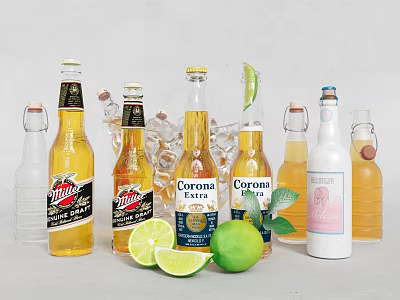 Assorted Beer Bottles Including Corona Miller With Fresh Lime Slices And Whole Lime 3d model