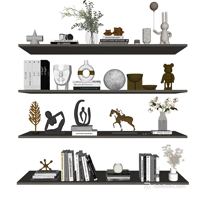 Stylish Decorative Ornament Combination on Multi Tiered Shelves with Books Vases Sculptures and Animal Figurines 3d model 