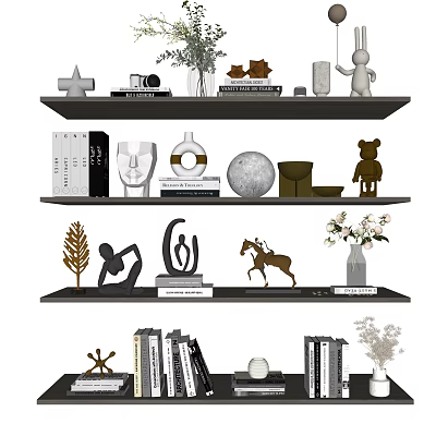 Stylish Decorative Ornament Combination on Multi Tiered Shelves with Books Vases Sculptures and Animal Figurines 3d model