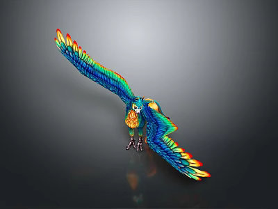 Colorful Parrot with Spread Wings and Vibrant Blue Green Yellow Red Feathers on Gray Background 3d model