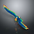 Colorful Parrot with Spread Wings and Vibrant Blue Green Yellow Red Feathers on Gray Background