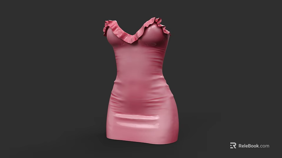 Pink V neck Ruffled Satin Dress with Smooth Fabric and Elegant Design 3d model 
