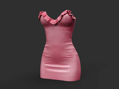 Pink V neck Ruffled Satin Dress with Smooth Fabric and Elegant Design 3d model
