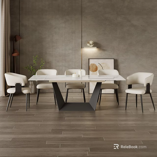 Modern Dining Table Set With White Tabletop White Chairs Black Legs Gray Wall Artwork 3d model 