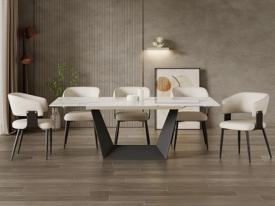 Modern Dining Table Set With White Tabletop White Chairs Black Legs Gray Wall Artwork 3d model