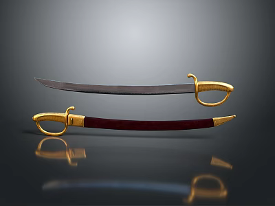 Two Decorative Weapons With Golden Guards Red Handle And Curved Blades On Reflective Surface 3d model