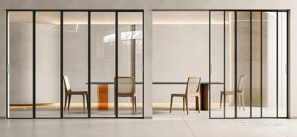 Modern Sliding Glass Doors With Black Metal Frames In Interior Space 3d model 