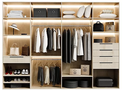 Modern Organized Wardrobe Interior With Hanging Clothes Drawers Storage Boxes Shoes And Bags 3d model