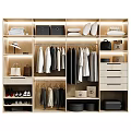Modern Organized Wardrobe Interior With Hanging Clothes Drawers Storage Boxes Shoes And Bags