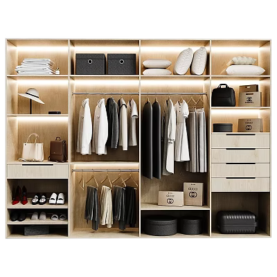 Modern Organized Wardrobe Interior With Hanging Clothes Drawers Storage Boxes Shoes And Bags 3d model