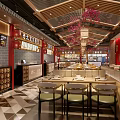 Restaurant Interior Design With Wooden Beams Pink Floral Decorations Yellow Chairs And Dining Tables